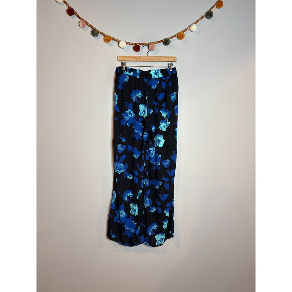 Larry Levine black and blue floral wide leg pants